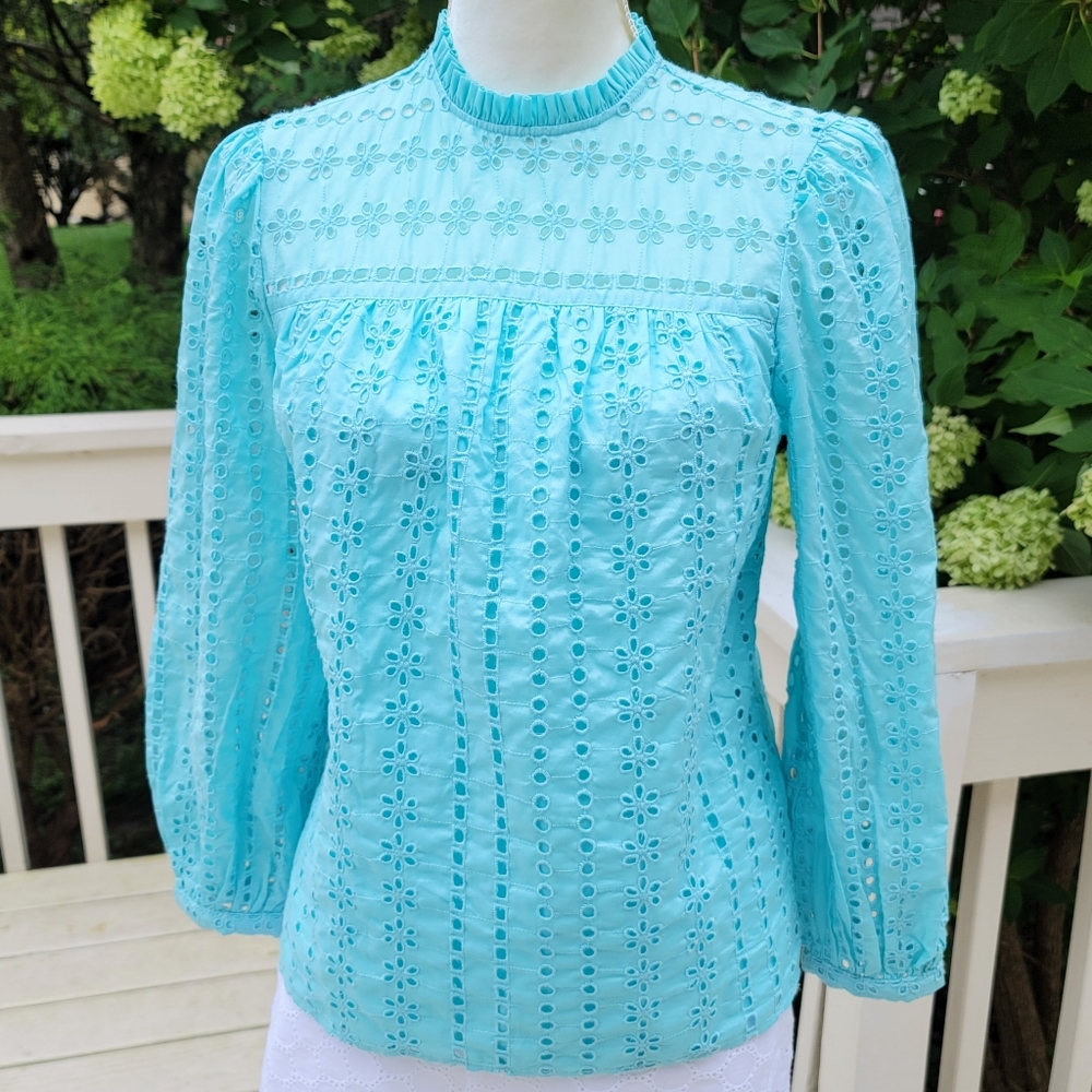 New! J. Crew sz Small S Tie-back Top Ditsy Eyelet Aqua Blue Blouse NWT